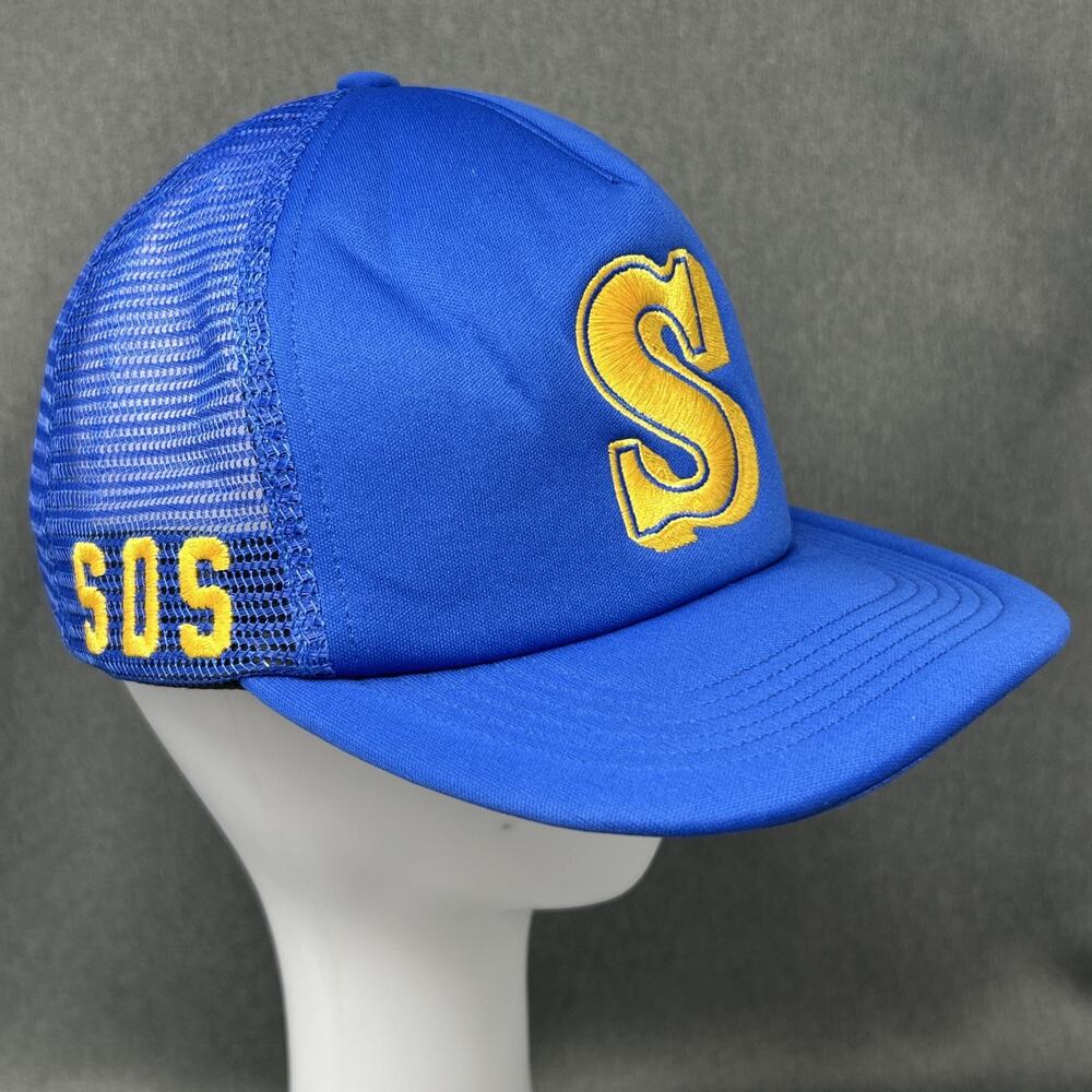 Vintage Blue Trucker Hat Snapback Mesh Streetwear Gold S Logo SOS Slap USA Made